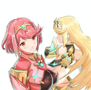 2girls bare_shoulders blonde_hair breasts chest_jewel core_crystal_(xenoblade) earrings highres jaegissb jewelry large_breasts long_hair multiple_girls mythra_(xenoblade) pyra_(xenoblade) red_eyes red_hair short_hair simple_background tiara upper_body white_background xenoblade_chronicles_(series) xenoblade_chronicles_2 yellow_eyes