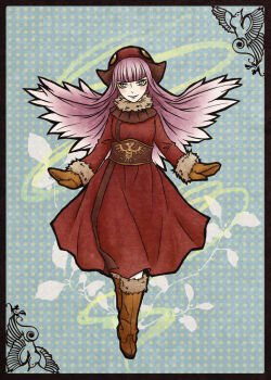 1girl belt bird bird_tail bird_wings blue_background blunt_bangs blush boots branch_print brown_boots brown_mittens coat demon_(megami_tensei) enraku_(kemulily) eye_print full_body fur-trimmed_boots fur-trimmed_coat fur_trim gloves hair_wings hat lineart long_hair looking_at_viewer mittens muu_shuwuu_(megami_tensei) perching polka_dot polka_dot_background purple_hair red_coat shin_megami_tensei smile solo straight-on swirl tail wings