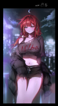 1girl akane_lize arms_at_sides black_border black_coat black_shirt black_shoes black_sports_bra blurry blurry_background border breasts closed_mouth clothes_writing coat coat_partially_removed cowboy_shot dieen dolphin_shorts grey_eyes hashtag-only_commentary highres large_breasts looking_at_viewer multicolored_hair navel night off-shoulder_shirt off_shoulder outdoors parted_bangs print_shirt red_hair shirt shoes short_shorts short_sleeves shorts single_off_shoulder solo sports_bra standing stellive stomach streaked_hair virtual_youtuber