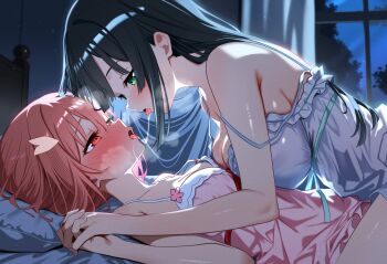 2girls absurdres after_kiss babydoll bed bed_sheet black_hair blue_babydoll blunt_bangs breast_press breasts curtains green_eyes hair_ornament highres indoors interlocked_fingers large_breasts long_hair looking_at_another lying mn_(tk-xyz) multiple_girls night on_bed pink_babydoll red_eyes red_hair saliva saliva_trail small_breasts straddling strap_slip tongue tongue_out tougou_mimori window yuri yuuki_yuuna yuuki_yuuna_wa_yuusha_de_aru yuusha_de_aru