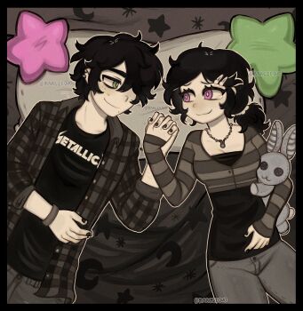 1boy 1girl :3 absurdres aged_down andrew_graves ashley_graves black_border black_hair black_jacket black_nails black_shirt border bracelet breasts bright_pupils brother_and_sister cleavage closed_mouth clothes_writing collarbone collared_jacket cowboy_shot crop_top cropped_jacket denim ear_piercing elbow_carry english_text eye_contact from_above green_eyes grey_jacket grey_pants hair_ornament hair_over_one_eye hair_scrunchie hand_on_own_opposite_hip hashtag-only_commentary head_on_pillow highres holding holding_hands holding_stuffed_toy interlocked_fingers jacket jeans jewelry long_sleeves looking_at_another low_ponytail lying marcieowo medium_hair metallica mole mole_under_eye mole_under_mouth nail_polish necklace on_back on_bed one_eye_covered open_clothes open_jacket outline pants piercing pillow pink_eyes plaid_clothes plaid_jacket ponytail raised_inner_eyebrows scrunchie shirt short_hair siblings sleeves_past_wrists small_breasts smile star-shaped_pillow striped_clothes striped_jacket stuffed_animal stuffed_rabbit stuffed_toy sweatdrop the_coffin_of_andy_and_leyley twitter_username white_outline white_pupils