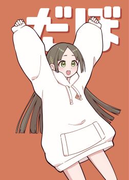 1girl arms_up asari_shiguren1 blunt_ends blush brown_hair commentary_request cowboy_shot drawstring gakuen_idolmaster green_eyes hair_ornament highres hood hood_down hoodie idolmaster kuramoto_china laurels leaf_hair_ornament long_hair long_sleeves looking_ahead open_mouth orange_background oversized_clothes parted_bangs puffy_long_sleeves puffy_sleeves school_emblem simple_background sleeves_past_wrists solo text_background translation_request white_hoodie