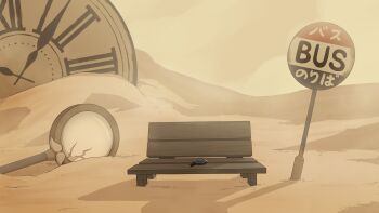absurdres analog_clock bench brown_theme bus_stop bus_stop_sign clock commentary crack cracked_glass daydarion desert highres hololive hololive_english magnifying_glass no_humans outdoors roman_numeral sand virtual_youtuber yellow_theme