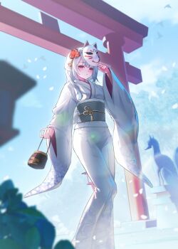 1girl absurdres bag bird cherry_blossoms flower fox_mask hair_flower hair_ornament handbag highres japanese_clothes kimono kohaku_komeiji looking_at_viewer mask mask_on_head original outdoors parted_lips red_eyes solo statue torii white_hair white_kimono