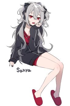 1girl black_choker black_jacket black_nails black_ribbon breasts character_name choker cleavage collarbone cross cross_print fang fingernails full_body genderswap genderswap_(mtf) hair_between_eyes hair_ribbon hand_on_own_cheek hand_on_own_face highres hyuaaaaa30 invisible_chair jacket large_breasts long_fingernails long_hair long_sleeves looking_at_viewer mole mole_on_collarbone mole_under_eye nail_polish nijisanji open_mouth partially_unzipped pointy_ears red_eyes red_shirt red_slippers ribbon sanya_(2nd_costume)_(kuzuha) sanya_(kuzuha) shirt sidelocks simple_background sitting sleeves_past_wrists slippers solo track_jacket two_side_up v-neck virtual_youtuber wavy_hair white_background white_hair