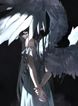 1girl arms_behind_back black_background black_hair closed_eyes columbina_(genshin_impact) dress facing_viewer feathered_wings from_behind genshin_impact highres off-shoulder_dress off_shoulder official_alternate_costume ryrmcher solo turning_head white_dress white_wings wings