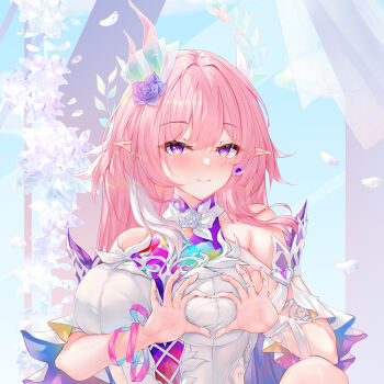 1girl bare_shoulders blush breasts cirnos commentary_request cyrene_(honkai:_star_rail) cyrene_(ripples_of_past_reverie)_(honkai:_star_rail) dakimakura_(medium) diamond-shaped_pupils diamond_(shape) dress earrings flower four-finger_heart_hands hair_flower hair_ornament heart heart_hands honkai:_star_rail honkai_(series) jewelry large_breasts long_hair looking_at_viewer merchandise_available multicolored_hair pink_hair pointy_ears purple_eyes smile solo symbol-shaped_pupils two-tone_hair upper_body very_long_hair white_dress white_hair