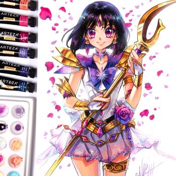 1girl back_bow bishoujo_senshi_sailor_moon black_hair bow brooch choker circlet collarbone earrings flower gem gloves highres holding jewelry lips looking_at_viewer magical_girl nashi_juni purple_eyes purple_flower purple_gemstone purple_rose purple_sailor_collar purple_skirt rose sailor_collar sailor_saturn sailor_senshi_uniform short_hair silence_glaive skirt smile solo star_(symbol) star_brooch star_choker tomoe_hotaru