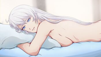 1girl arigao blue_eyes breasts commentary honkai_(series) honkai_impact_3rd hugging_object kiana_kaslana large_breasts long_hair looking_at_viewer lying on_bed on_stomach pillow pillow_hug smile solo very_long_hair