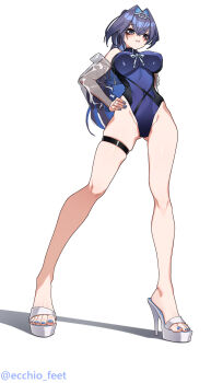 Rule 34 | 1girl, absurdres, artist name, black one-piece swimsuit, blue hair, blue nails, blue one-piece swimsuit, blush, breasts, colored inner hair, covered navel, crossed bangs, ecchi-o, eyelashes, feet, full body, gluteal fold, grey eyes, hand on own hip, high heel sandals, high heels, highleg, highleg one-piece swimsuit, highres, hololive, hololive english, impossible clothes, impossible swimsuit, jacket, large breasts, legs, long hair, long legs, looking at viewer, multicolored hair, nail polish, one-piece swimsuit, open clothes, open jacket, ouro kronii, ouro kronii (holonatsu paradise), paid reward available, platform heels, platform mules, platform sandals, purple hair, sandals, see-through clothes, see-through jacket, shadow, simple background, skindentation, solo, stiletto heels, swimsuit, thigh strap, toenail polish, toenails, toes, twitter username, very long hair, virtual youtuber, white background, white sandals