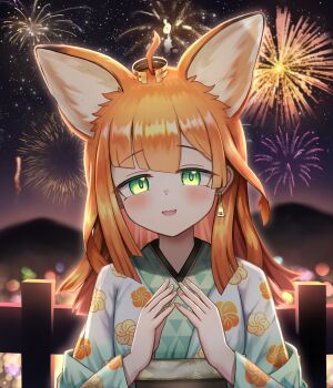 Rule 34 | 1girl, :d, absurdres, aerial fireworks, ahoge, arknights, blush, commentary request, diagonal bangs, earrings, fireworks, floral print, gradient clothes, gradient kimono, green eyes, green kimono, hands up, highres, japanese clothes, jewelry, kimono, long hair, long sleeves, looking at viewer, nail polish, night, obi, open mouth, orange hair, papyrus (arknights), pink nails, print kimono, sash, sky, smile, solo, star (sky), starry sky, th3cr0ma, upper body, white kimono, wide sleeves