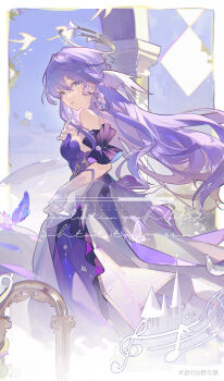 1girl absurdres bare_shoulders blue_eyes breasts bug butterfly chinese_commentary commentary_request detached_sleeves dress earrings elbow_gloves from_side gloves hair_between_eyes head_wings highres honkai:_star_rail honkai_(series) insect jewelry long_hair looking_at_viewer official_alternate_costume purple_dress purple_hair robin_(honkai:_star_rail) single_earring solo strapless very_long_hair white_gloves wings yecangshu