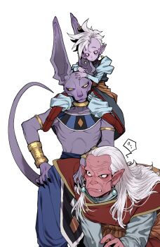 3boys armlet beerus black_claws black_eyes boots cat_boy colored_sclera colored_skin dragon_ball dragon_ball_super dragonball_z earrings frown furry gold_armlet gold_bracer gold_choker hair_slicked_back hand_on_another&#039;s_shoulder hand_on_own_hip height_difference highres jewelry kaioushin kibito large_ears long_hair long_sleeves looking_at_another looking_to_the_side male_focus mohawk multiple_armlets multiple_boys pink_skin pointy_ears potara_earrings puffy_long_sleeves puffy_sleeves purple_skin red_footwear sen_(aypj8447) shin_(dragon_ball) short_male sitting_on_shoulder size_difference slit_pupils speech_bubble spoken_sweatdrop sweat sweatdrop tail tail_raised teeth white_background white_hair wrinkled_skin yellow_sclera