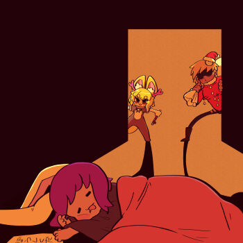 Rule 34 | 1boy, 2girls, absurdres, alternate costume, animal costume, animal ear fluff, animal ears, bell, blanket, blonde hair, blush stickers, brown background, buttons, commentary request, cookie (touhou), fake antlers, fake hisui (cookie), fox ears, fox girl, fox tail, full body, hat, highres, holding, holding sack, looking at another, manatsu no yo no inmu, medium hair, miramikaru riran, muimui (4242564muimui), multiple girls, open mouth, peeking out, purple hair, rabbit ears, rabbit girl, red eyes, red hat, reindeer costume, reisen udongein inaba, sack, santa hat, short hair, single sidelock, sleeping, standing, sunglasses, tail, takuya (acceed), touhou