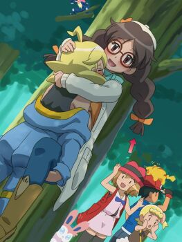 2boys 3girls :d :o against_tree ahoge ash_ketchum awa black_shirt black_thighhighs blonde_hair blue_jacket blue_jumpsuit bonnie_(pokemon) boots bow brown-framed_eyewear brown_eyes brown_hair brown_shirt clemont_(pokemon) closed_eyes coat commentary_request day dress gen_1_pokemon gen_6_pokemon glasses gloves greninja hair_bow hand_on_headwear hat hetero implied_sex jacket jumpsuit jumpsuit_pull lilia_(pokemon) long_hair multiple_boys multiple_girls nintendo on_head open_mouth orange_bow outdoors pants pants_tucked_in pikachu pink_dress pink_hat pokemon pokemon_(anime) pokemon_(creature) pokemon_on_head pokemon_xy_(anime) porkpie_hat red_hat serena_(pokemon) shirt smile strap sylveon thighhighs tree twintails zettai_ryouiki