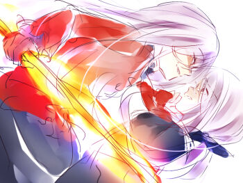 201_(yield) 2girls black_ribbon black_skirt chaos;child coat d-sword evil_grin evil_smile fire flaming_sword flaming_weapon gloves grin haida_riko hair_ribbon hekiho_academy_school_uniform long_hair minamisawa_senri multiple_girls pink_hair pyrokinesis red_coat ribbon scared school_uniform science_adventure skirt smile sword twintails weapon