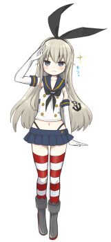 1girl black_hairband black_neckerchief blonde_hair blue_eyes blue_sailor_collar blue_skirt boots buttons closed_mouth commentary_request double-breasted elbow_gloves full_body gloves grey_boots hairband highres kantai_collection light_blush long_hair looking_at_viewer midriff miniskirt navel neckerchief panty_straps red_thighhighs sailor_collar salute sana_(memechi) school_uniform serafuku shimakaze_(kancolle) shirt simple_background skirt sleeveless sleeveless_shirt solo sparkle standing striped_clothes striped_thighhighs thighhighs translation_request white_background white_gloves white_shirt white_thighhighs