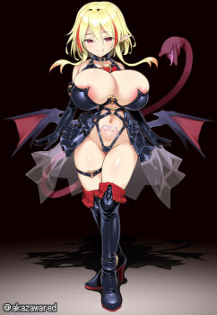 1girl akazawa_red artist_name bare_shoulders black_background black_boots black_gloves blonde_hair boots breasts collarbone demon_girl demon_tail gloves highres huge_breasts large_breasts long_hair navel original pointy_ears pubic_tattoo skindentation standing tail tattoo thigh_boots