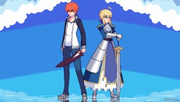 1boy 1girl ahoge animated animated_gif armor armored_dress artoria_pendragon_(fate) blinking blonde_hair blue_dress blue_eyes braid commentary dress emiya_shirou excalibur_(fate/stay_night) fate/stay_night fate_(series) gauntlets green_eyes highres holding holding_sword holding_weapon jacket juliet_sleeves kanshou_&amp;_bakuya_(fate) long_dress long_sleeves looping_animation magic_circuit orange_eyes orange_hair pixel_art puffy_sleeves raptorbr saber_(fate) short_hair sword twitter_username weapon