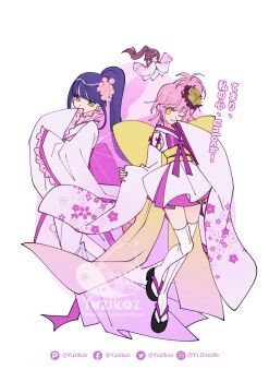 Rule 34 | 1boy, 2girls, absurdres, blunt bangs, commentary, facebook username, flower, fujisaki nadeshiko, full body, guardian chara, hair flower, hair ornament, hashtag-only commentary, high side ponytail, highres, hinamori amu, instagram username, japanese clothes, kimono, looking at viewer, multiple girls, obi, one eye closed, pink hair, purple hair, sash, short bangs, short kimono, shugo chara!, sidelocks, simple background, smile, socks, symbol-only commentary, temari (shugo chara!), white background, wide sleeves, wings, yellow eyes, yellow sash, yuzikoz mega