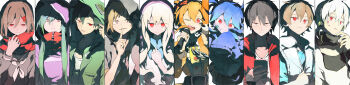 5boys 5girls absurdres amamiya_hibiya apron arm_up black_hair black_jacket black_serafuku black_skirt blonde_hair blue_dress blue_hair blue_jacket blue_shirt brown_hair cellphone closed_mouth dress ene_(kagerou_project) enpera everyone facial_mark finger_to_mouth frills green_hair green_jacket grin hair_between_eyes hair_ornament hairband hairclip half-closed_eyes hand_on_own_chest headphones highres holding holding_microphone holding_phone hood hood_up hooded_jacket hoodie idol jacket kagerou_project kano_shuuya kido_tsubomi kisaragi_momo kisaragi_shintarou konoha_(kagerou_project) kozakura_marry long_hair long_image long_sleeves looking_at_viewer microphone multiple_boys multiple_girls neckerchief one_eye_closed open_clothes open_jacket open_mouth orange_hair phone pink_hairband pinosan pleated_skirt ponytail purple_hoodie red_eyes red_jacket red_scarf sanpaku scarf school_uniform serafuku seto_kousuke shirt short_hair short_ponytail skirt sleeveless sleeveless_jacket sleeves_past_fingers sleeves_past_wrists smartphone smile t-shirt tateyama_ayano teeth track_jacket twintails upper_body upper_teeth_only wavy_hair white_apron white_hair white_jacket white_neckerchief white_shirt wide_image