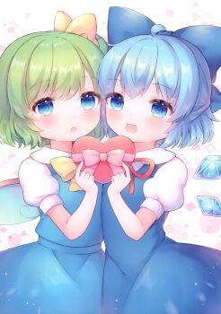 Rule 34 | 2girls, :d, :o, absurdres, ahoge, blue bow, blue dress, blue eyes, blue hair, blue wings, bow, box, cirno, coa (chroo x), collared shirt, daiyousei, detached wings, dress, fairy wings, gift, gift box, green hair, hair bow, heart-shaped box, highres, holding, holding gift, ice, ice wings, looking at viewer, multiple girls, neck ribbon, one side up, open mouth, puffy short sleeves, puffy sleeves, red ribbon, ribbon, shirt, short sleeves, sleeveless, sleeveless dress, smile, third-party source, touhou, white background, white shirt, wings, yellow bow