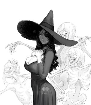 1girl 3others artist_logo artist_name breast_suppress breasts choker cleavage closed_mouth cowboy_shot dancing dress eyelashes eyepatch fingernails from_side godiva_ghoul greyscale hat highres large_breasts large_hat lips logo long_fingernails long_hair looking_at_viewer mole mole_on_breast monochrome multiple_others nose one_eye_covered original pleated_dress shaded_face sharp_fingernails simple_background skeleton skull solo_focus standing three-quarter_sleeves wavy_hair white_background witch witch_hat