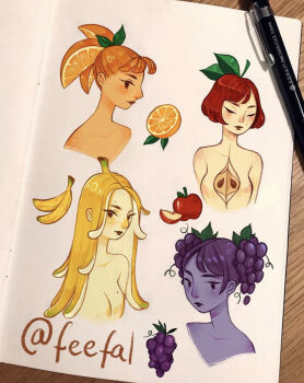 Rule 34 | 4girls, apple, banana, blonde hair, blunt bangs, blush, bob cut, breasts, closed eyes, colored skin, feefal, food, food-themed hair, fruit, grapes, highres, long hair, mole, mole on breast, monster girl, multiple girls, object and personification, orange (fruit), orange hair, orange skin, original, personification, plant girl, ponytail, procreate (medium), purple hair, purple skin, red hair, short hair, short twintails, simple background, twintails, upper body, yellow skin