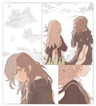 2girls black_jacket commentary_request firefly_(honkai:_star_rail) grey_hair hair_between_eyes honkai:_star_rail honkai_(series) hood hooded_jacket jacket korshokor long_hair multicolored_eyes multiple_girls shirt stelle_(honkai:_star_rail) tied_jacket trailblazer_(honkai:_star_rail) two-tone_eyes white_shirt yellow_eyes yuri