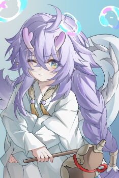 Rule 34 | 1girl, absurdres, bailu (honkai: star rail), blue eyes, blush, braid, breasts, crossed bangs, dragon horns, dragon tail, evzeva, gourd, highres, honkai: star rail, honkai (series), horns, long hair, long sleeves, looking at viewer, one eye closed, pointy ears, purple hair, robe, sidelocks, small breasts, solo, tail, tassel, twin braids, white robe, wide sleeves