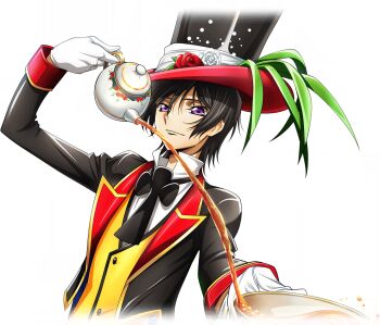 1boy black_hair black_hat closed_mouth code_geass code_geass:_lost_stories cup f4samurai flower game_cg gloves hat highres lelouch_vi_britannia male_focus official_art purple_eyes red_flower short_hair smile tea teacup white_gloves