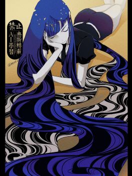 blue_hair closed_eyes colored_skin commentary_request gem_uniform_(houseki_no_kuni) head_on_hand highres houseki_no_kuni lapis_lazuli_(houseki_no_kuni) long_hair lying mt5_014 on_stomach very_long_hair white_skin yellow_background