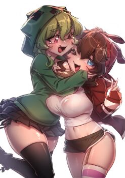 2girls beanie black_shorts black_skirt black_thighhighs blue_eyes breasts brown_hair commentary creeper dolphin_shorts double-parted_bangs english_commentary ermao_wu fang garter_straps green_hair green_hoodie hair_between_eyes hand_up hat highres hood hood_up hoodie hug large_breasts long_sleeves looking_at_another looking_at_viewer medium_hair microskirt midriff minecraft multiple_girls navel one_eye_closed open_mouth original personification pink_eyes red_hat red_shrug shirt short_shorts shorts shrug_(clothing) simple_background single_garter_strap skirt smile tearing_up thighhighs v white_background white_shirt