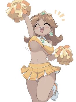 1girl :d arm_up bouncing_breasts breasts brown_hair closed_eyes crown dark-skinned_female dark_skin fruithead highres large_breasts mario_(series) medium_hair miniskirt navel nintendo open_mouth pom_pom_(cheerleading) princess_daisy shirt simple_background skirt smile solo stomach underboob white_background yellow_shirt yellow_skirt