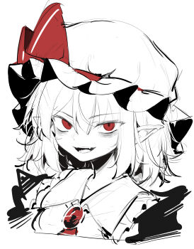 Rule 34 | 1girl, absurdres, bow, bowtie, commentary, gem, greyscale, hat, highres, hisha (kan moko), looking at viewer, mob cap, monochrome, open mouth, pointy ears, red bow, red bowtie, red eyes, red gemstone, remilia scarlet, short hair, simple background, solo, spot color, touhou, upper body