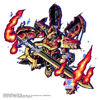 Rule 34 | 1boy, armor, digimon, digimon (creature), dragon, fire, from above, full body, helmet, highres, holding, holding sword, holding weapon, horns, kaisergreymon, male focus, orange helmet, red armor, simple background, solo, sword, vh20/20, weapon, white background