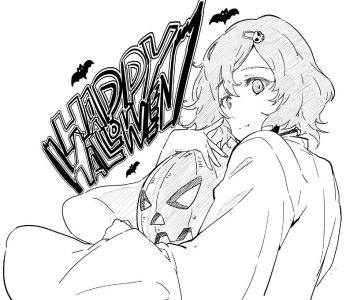 1boy bibi_(coffe) fang from_behind from_side greyscale hair_ornament halloween hugging_object japanese_clothes looking_at_viewer miko monochrome science_adventure short_hair skull_hair_ornament smile solo steins;gate trap urushibara_luka vampire