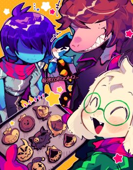 +++ ... 1girl 1other 2boys :d ^_^ antenna_hair armlet armor armored_gloves black_jacket black_shirt blue_skin blue_tongue bracelet brown_hair c._round character_cookie closed_eyes closed_mouth clover_(deltarune) colored_skin colored_tongue commentary_request deltarune facing_viewer fangs freckles furry furry_female furry_male gloves goat_boy grey_gloves grin hair_over_eyes hathy_(deltarune) holding holding_tray jacket jevil jewelry king_(deltarune) kris_(dark_world)_(deltarune) kris_(deltarune) lancer_(deltarune) mittens multiple_boys notice_lines open_clothes open_jacket open_mouth outline oven_mitts pink_mittens pink_scarf pink_skin purple_hair purple_trim ralsei repikinoko reptile_girl rouxls_kaard rudinn_(deltarune) scarf seam_(deltarune) sharp_teeth shirt short_hair shoulder_armor simple_background sleeveless sleeveless_jacket sleeveless_shirt smile spade_(shape) spiked_armlet spiked_bracelet spikes star_(symbol) susie_(dark_world)_(deltarune) susie_(deltarune) teeth tongue tongue_out tray upper_body utdr_(toby_fox) white_fur white_outline yellow_background