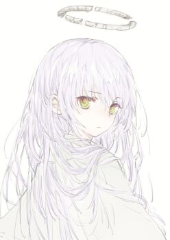 1girl angel broken_halo commentary_request expressionless from_behind halo long_hair looking_at_viewer looking_back original pink_hair rnkk simple_background solo turning_around white_background yellow_eyes