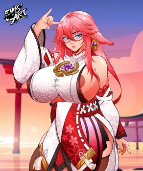 1girl 2025 \m/ absurdres arm_support artist_name ass bare_shoulders blurry blurry_background breasts clenched_hand closed_mouth collarbone commentary cosplay covered_erect_nipples depth_of_field detached_sleeves earrings emisart55 english_commentary female_focus flower_knot genshin_impact glasses hair_between_eyes hakama highres huge_breasts japanese_clothes jewelry legs_together long_hair looking_at_viewer nipple_slip nipples nontraditional_miko ocean outdoors pink_hair pink_lips pink_nails purple_eyes red_skirt red_thighhighs reference_work shirt skirt sleeveless sleeveless_shirt smile solo spanish_commentary sunset tassel taut_clothes thick_lips thick_thighs thighhighs thighs tomoe_(symbol) torii turtleneck variant_set variations vision_(genshin_impact) w_arms white_shirt white_sleeves wide_hips wide_sleeves yae_miko