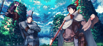 Rule 34 | 10s, 1girl, 2boys, akatsuki (log horizon), armor, bare shoulders, bird, blue hair, blue sky, boots, brown hair, cloak, crossed arms, detached sleeves, glasses, highres, jean popo, log horizon, long hair, looking at viewer, map, multiple boys, naotsugu (log horizon), overgrown, ponytail, pouch, purple eyes, purple hair, ruins, scenery, shield, shiroe (log horizon), short hair, sitting, sky, smile, staff, sword, turtleneck, water, weapon