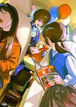 4girls absurdres bag_of_chips balloon blue_sweater_vest book brown_hair chips_(food) eating food highres holding holding_book holding_food holding_phone hood hoodie kagenoyuhi long_hair long_sleeves looking_at_another low_t multiple_girls open_mouth orange_hoodie original phone plaid_clothes plaid_skirt potato_chips red_eyes skirt sleeping sweater_vest vehicle_interior