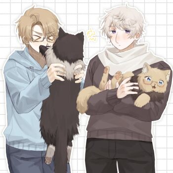 >_< 2boys ahoge america_(hetalia) anger_vein animal animal_ears animal_nose animalization artist_name axis_powers_hetalia black_cat black_fur black_pants blonde_hair blue_hoodie blush brown-framed_eyewear brown_sweater cat cat_ears cat_tail checkered_background closed_eyes closed_mouth commentary_request covered_mouth cowboy_shot glasses grey-framed_eyewear grey_hair grey_pants hair_between_eyes hands_up harutoro_39487 highres holding holding_animal hood hoodie lightning_bolt_symbol long_sleeves looking_afar male_focus multiple_boys open_mouth pants person_and_animalization pocket puffy_long_sleeves puffy_sleeves purple_eyes russia_(hetalia) scarf semi-rimless_eyewear short_hair smile standing sweater tail v-shaped_eyebrows white_background white_scarf yellow_fur