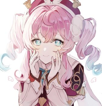 Rule 34 | 1girl, ameshi0227, aqua bow, aqua bowtie, aqua eyes, blush, bow, bowtie, bright pupils, closed mouth, commentary, crossed bangs, double-parted bangs, drill hair, fingernails, from above, gradient hair, hair between eyes, hair intakes, hair ornament, hair scrunchie, hands on own cheeks, hands on own face, hands up, hat, highres, honkai: star rail, honkai (series), hyacine (honkai: star rail), long hair, long sleeves, looking at viewer, multicolored hair, pink hair, red hat, scrunchie, shirt, sidelocks, simple background, smile, solo, sparkling eyes, symbol-only commentary, twin drills, twitter username, two-tone hair, upper body, wavy hair, white background, white pupils, white scrunchie, white shirt