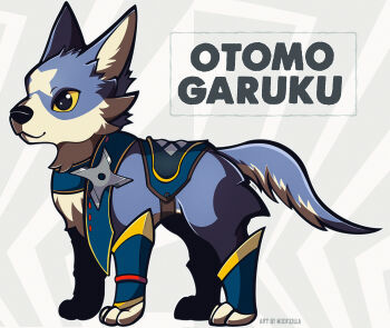 animal artist_name canyne character_name closed_mouth clothed_animal colored_sclera commentary dog english_commentary full_body grey_background highres monster_hunter:_world monster_hunter_(series) no_humans simple_background solo woofzilla yellow_sclera