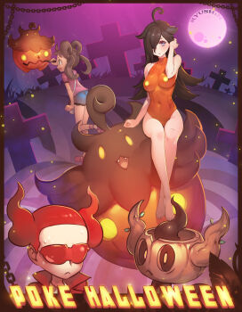 10s 3girls absurdres ahoge bag bare_shoulders barefoot bent_over black_hair blue_eyes blush breasts brown_hair chain covered_navel creature_and_personification dark-skinned_female dark_skin denim denim_shorts drawing english_text fang fangs frown full_moon gen_6_pokemon glasses graveyard hair_over_one_eye halloween happy_halloween hex_maniac_(pokemon) hex_maniac_(pokemon_xy) highres large_breasts leotard long_hair moon multiple_girls night night_sky nintendo npc_trainer open_mouth personification phantump pokemon pokemon_(creature) pokemon_xy pumpkaboo pumpkin red-tinted_eyewear red_hair ryushin shauna_(pokemon) shorts sitting sky smile sunglasses team_flare team_flare_grunt tinted_eyewear twintails