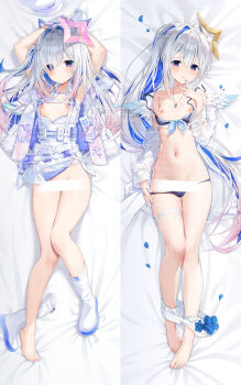 acco_(sh_in) amane_kanata angel_wings barefoot commentary_request dakimakura_(medium) dakimakura_(object) feet halo highres hololive mini_wings pillow star_halo toes virtual_youtuber white_wings wings