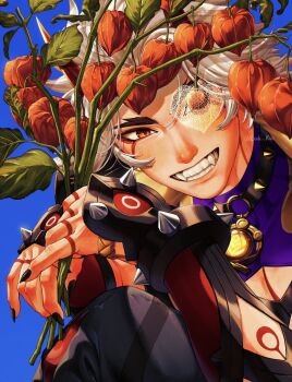 1boy arataki_itto black_nails blue_background blush body_markings bodypaint chinese_lantern_(plant) choker collar facepaint fangs fingernails forked_eyebrows genshin_impact grin highres holding holding_plant horns leaf link_rui long_hair looking_at_viewer male_focus mismatched_eyebrows nose o-ring one_eye_covered plant red_eyes red_horns sharp_fingernails simple_background smile solo spiked_collar spikes teeth thick_eyebrows vision_(genshin_impact) white_hair