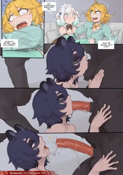 1boy 3girls animal_ears animal_penis antenna_hair arbuz_budesh black_hair blonde_hair blue_bow blue_eyes blush bow closed_mouth commentary couch deepthroat dokibird dress english_commentary english_text fellatio flying_sweatdrops frown furry green_dress green_eyes green_hair green_shirt hair_bow head_wings highres indie_virtual_youtuber interspecies long_sleeves looking_at_another maid_headdress medium_hair mint_fantome multicolored_hair multiple_girls on_couch open_mouth oral paid_reward_available penis pointy_ears raccoon_ears raccoon_girl raccoon_tail saliva shirt sitting snuffy_(vtuber) sweat tail talking teeth tongue upper_teeth_only virtual_youtuber wendigo wet wet_clothes wet_shirt white_hair wide-eyed wings