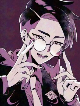 1boy adjusting_eyewear black_jacket collared_shirt corbeau_(pokemon) eyewear_strap glasses jacket looking_at_viewer male_focus monochrome necktie nekokawai1ii7 nintendo open_mouth pokemon pokemon_legends:_z-a purple_background purple_theme round_eyewear shirt short_hair solo undercut upper_body